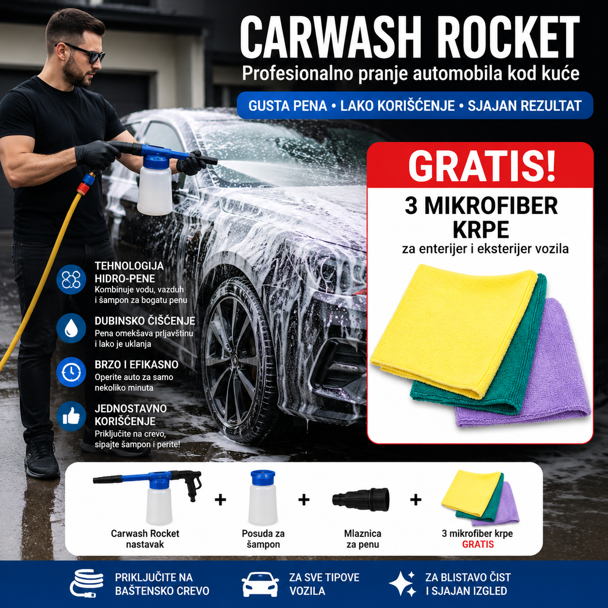 Aparat za pravljenje pene + 3 mikrofiber krpe za pranje kola