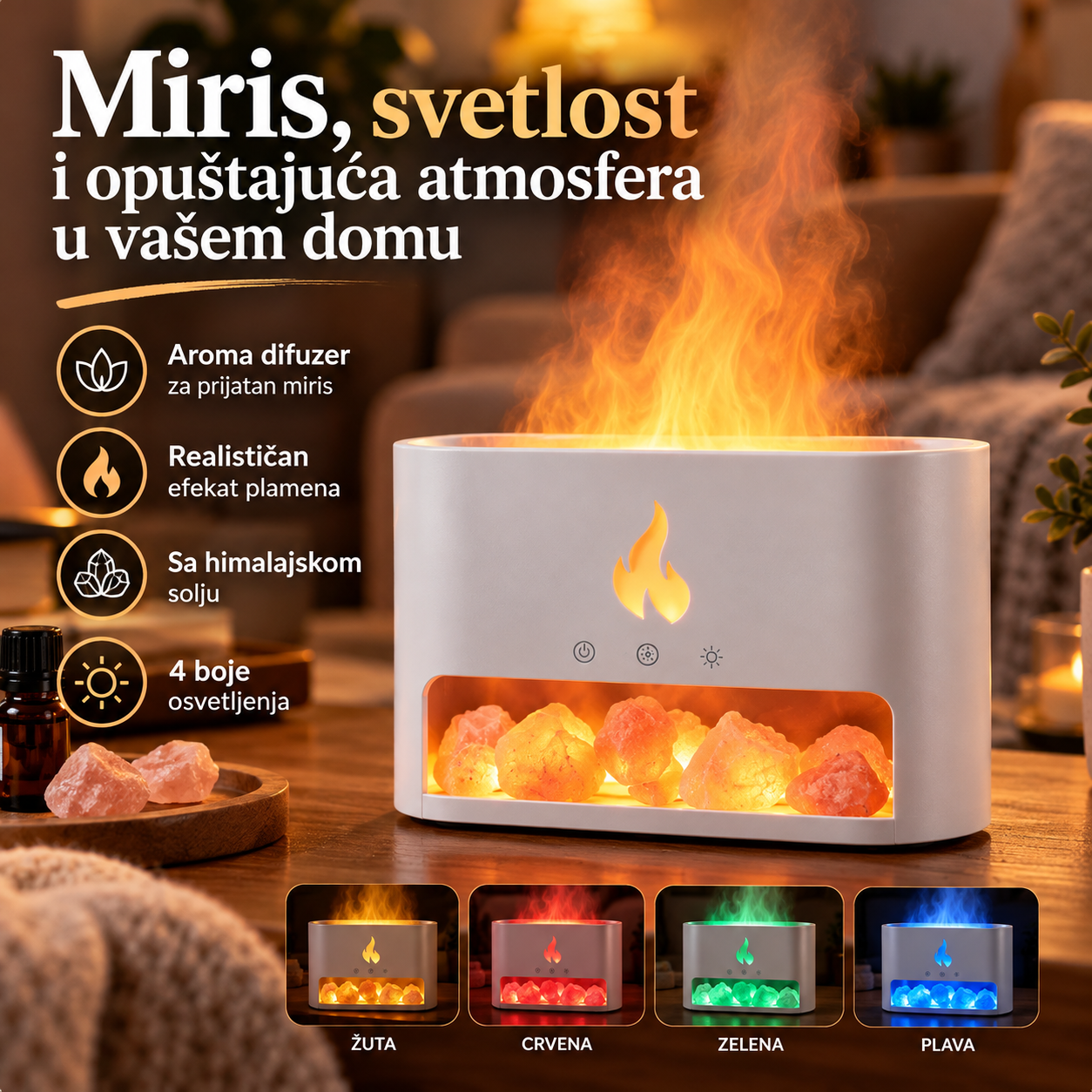 Aroma Difuzer sa Himalajskom Solju i Efektom Plamena