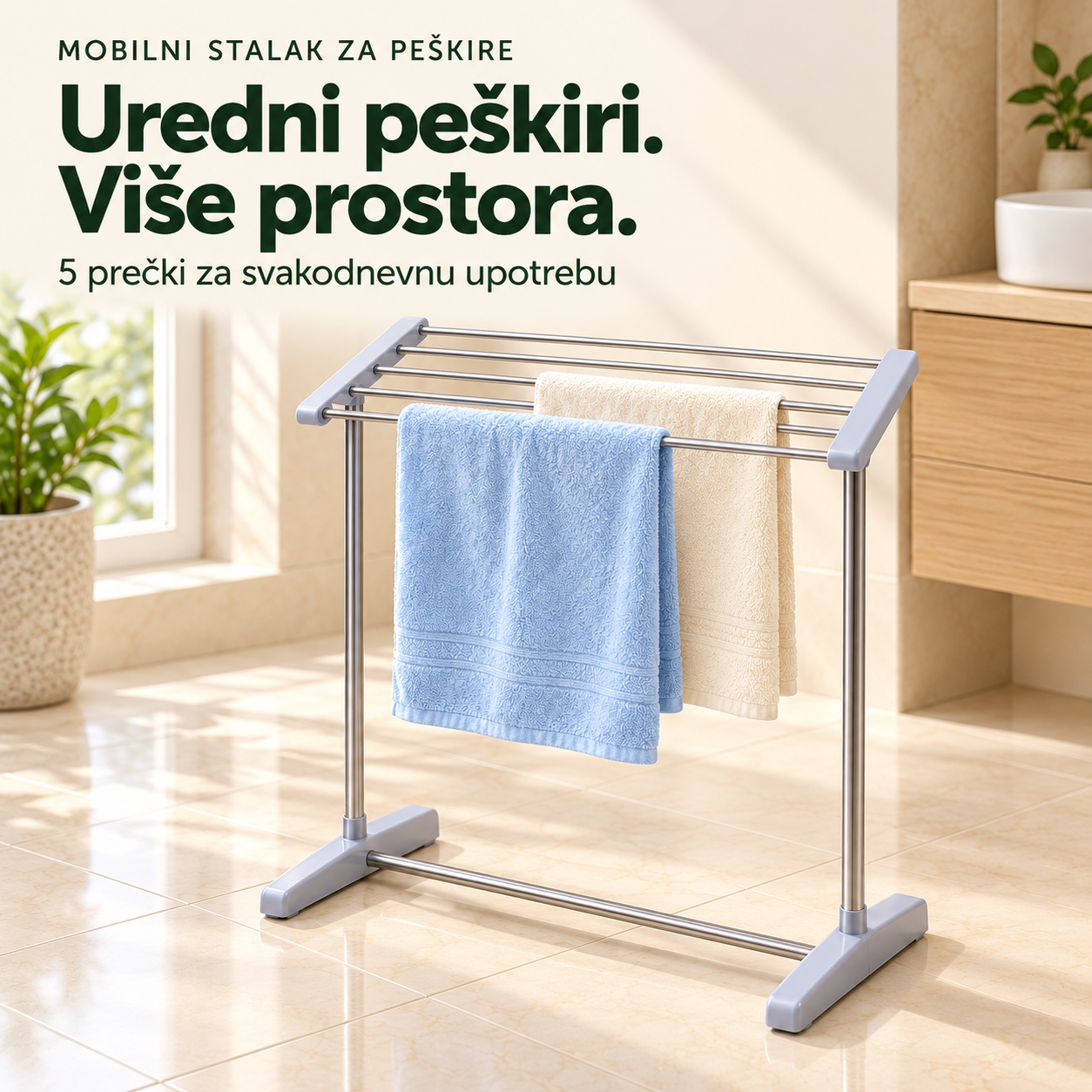 Mobilni stalak za peškire – Uredni peškiri. Više prostora. Pet prečki za svakodnevnu upotrebu.