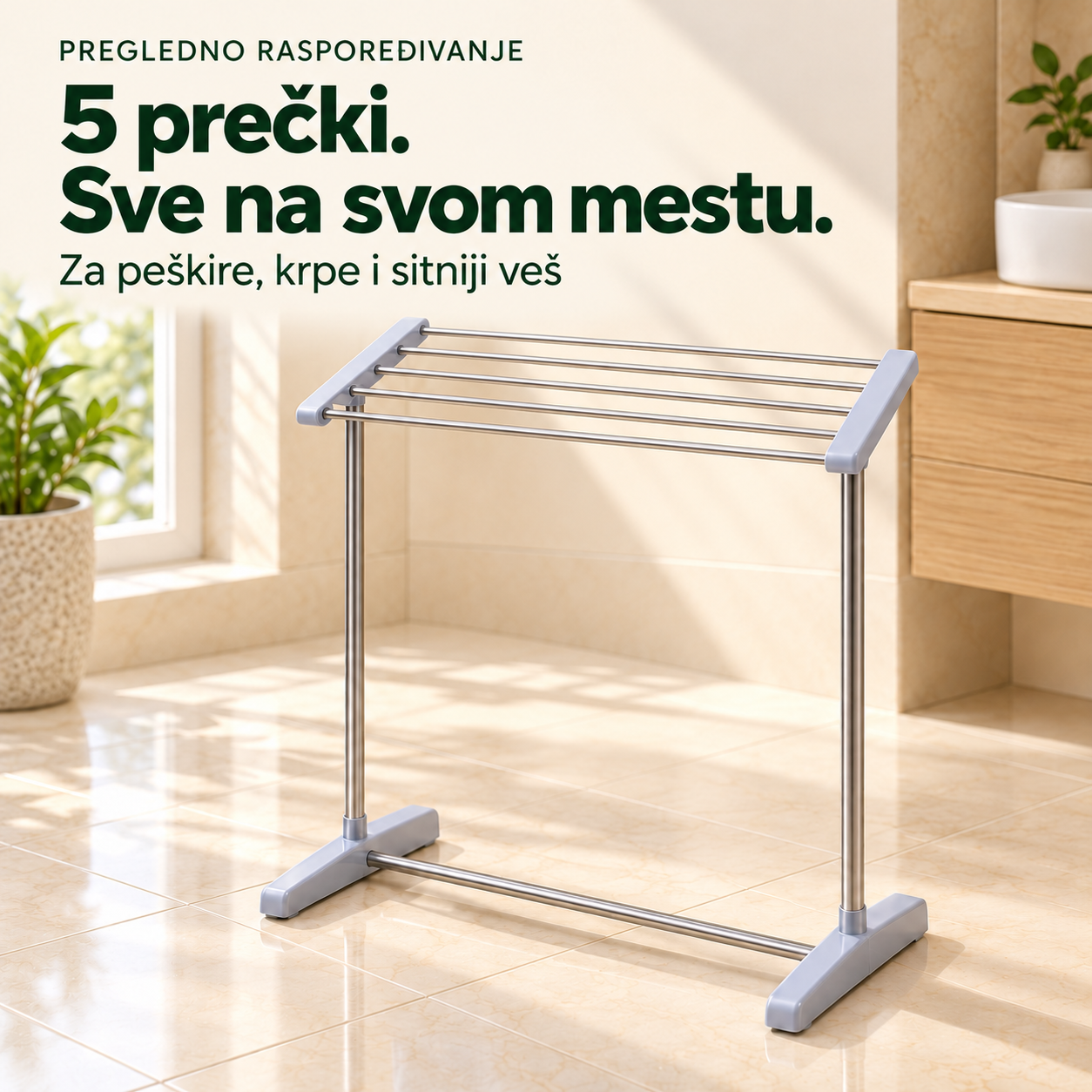 Stalak sa pet prečki za peškire, krpe i sitniji veš – Sve na svom mestu.